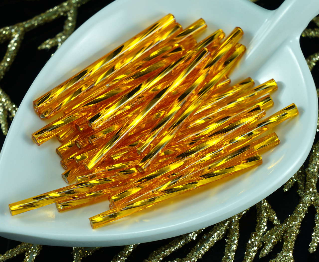 50pcs x 35mm Extra Long Silver Lined Twisted Czech Glass Bugle Beads