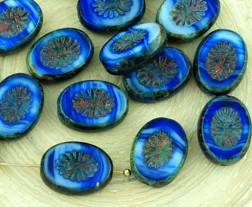 8pcs Picasso Blue Blue Rustic Window Table Cut Flat Kiwi Oval Czech Glass Beads 14mm x 10mm